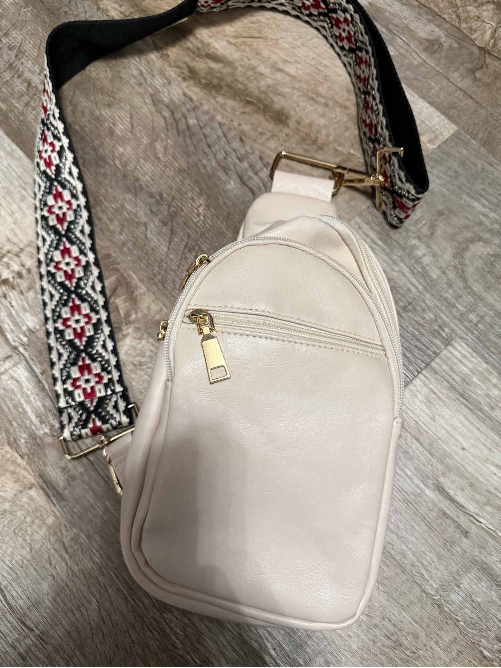 Cream Crossbody Sling Bag with Patterned Strap